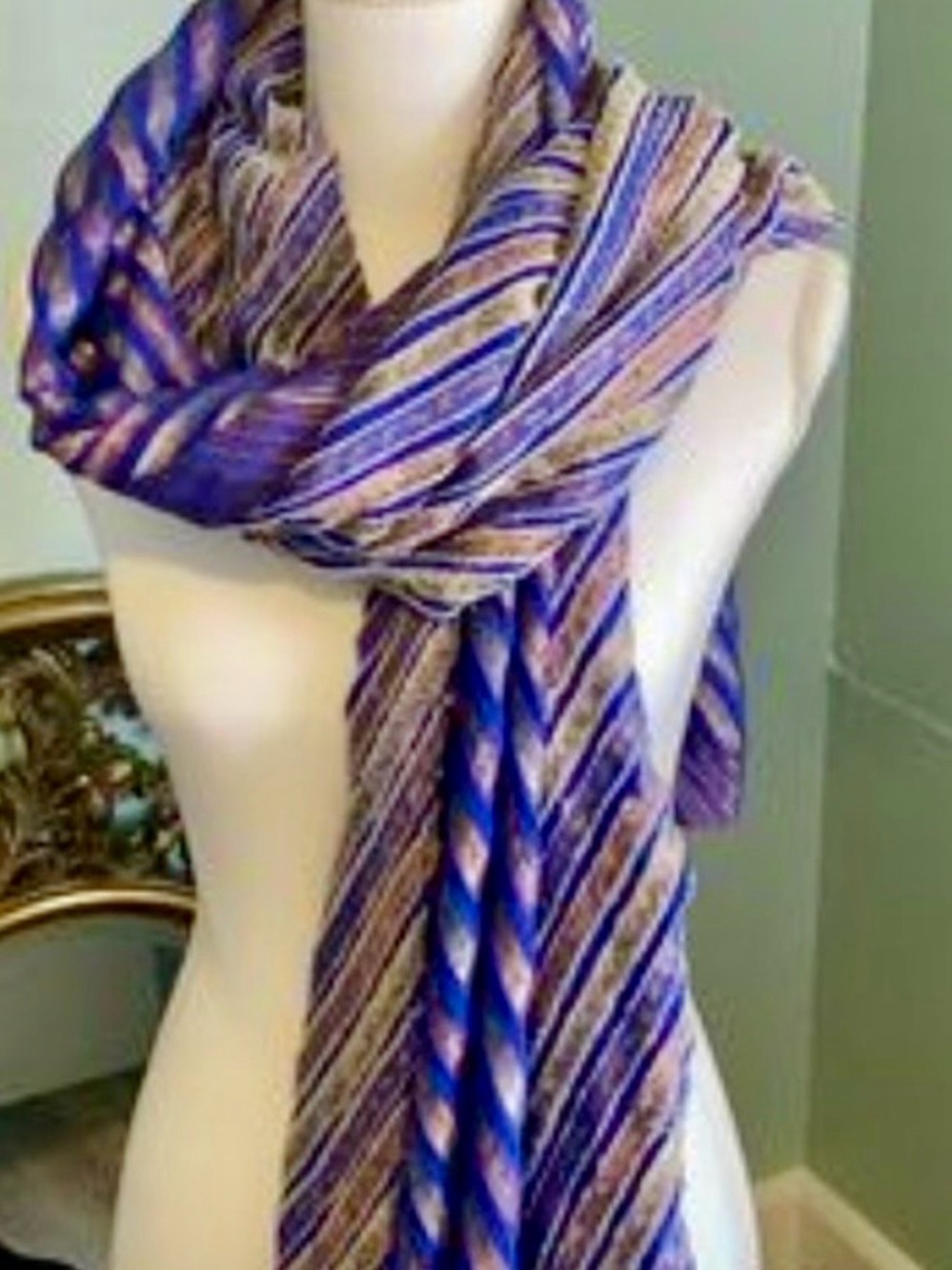 Striped Luxy Indigo & Gold & Bronze Textured Wrap Shawl Scarf Dupatta Chunni - Picture 8 of 11